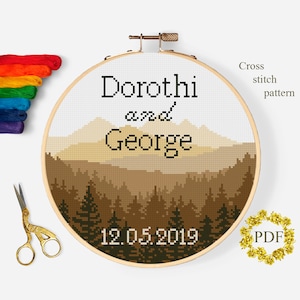 ウェディングモダンクロスステッチパターンPDF、記念日結婚カウントクロスステッチチャート、自然風景、フープ刺繍デジタルダウンロード