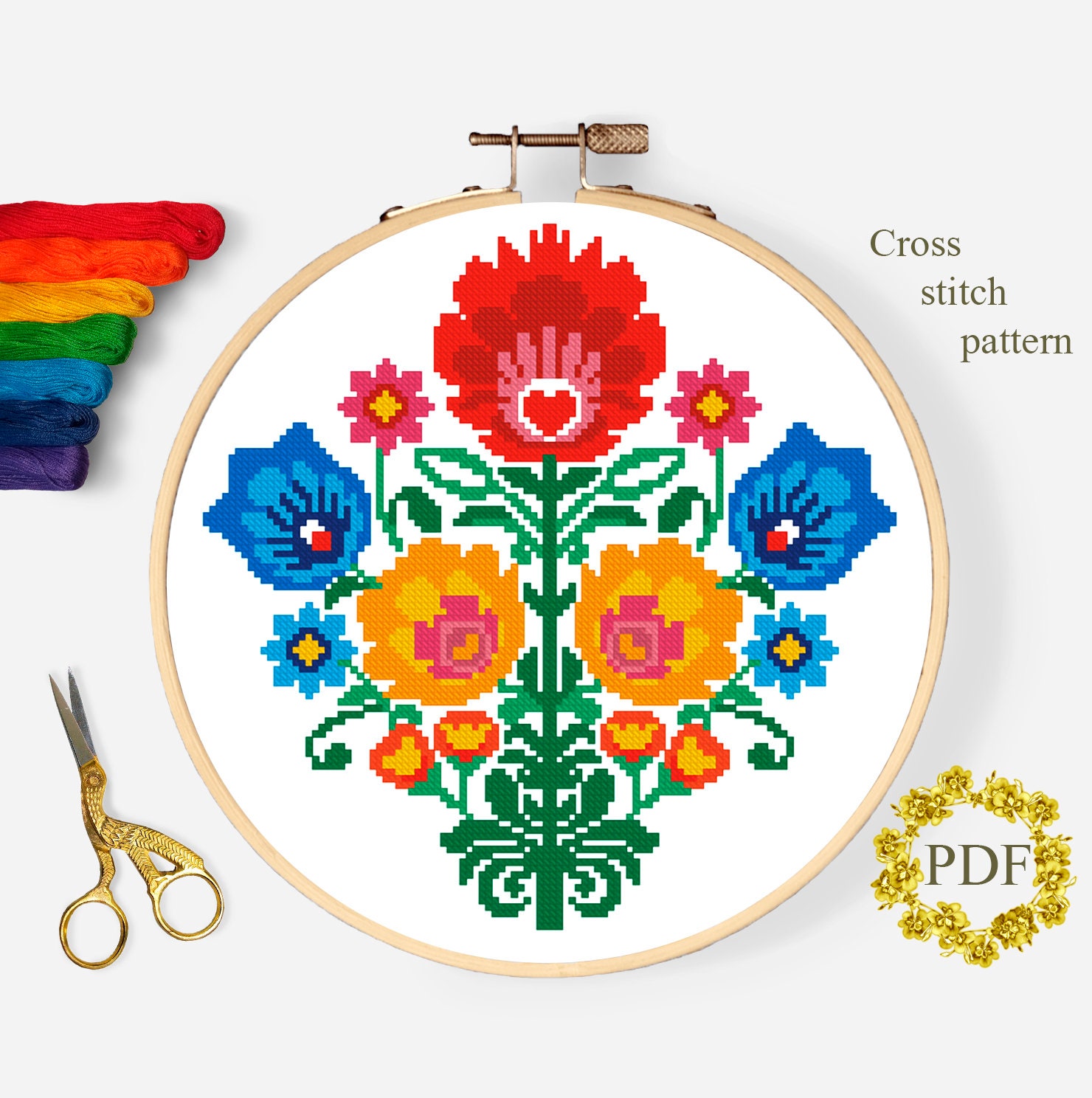 Folk Art Cross Stitch Pattern Modern PDF Flowers Counted | Etsy