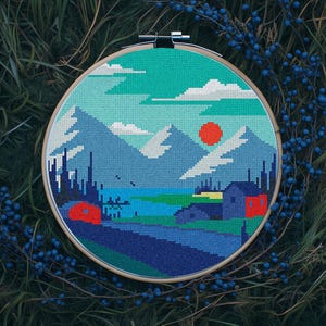 Landschaft Moderne Kreuzstich Anleitung PDF, Berge Kreuzstich Stickmuster, Morgen, Wald, Fluss, Stickrahmen, digitaler Download
