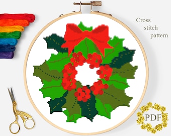 Christmas Wreath Modern Cross Stitch Pattern PDF, Floral Counted Cross Stitch Chart, Xmas, Winter Holiday, Hoop Embroidery, Digital Download