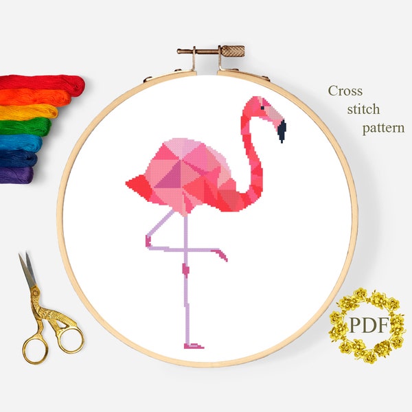 Pink Flamingo Modern Cross Stitch Pattern PDF, Geometric Bird Counted Cross Stitch Chart, Animal, Nature Embroidery, Hoop, Digital Download