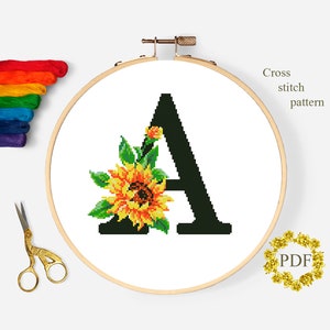 Monogram Modern Cross Stitch Pattern PDF, Floral Letter A Counted Cross Stitch Chart, Flower Sunflower, Ukraine Embroidery, Digital Download