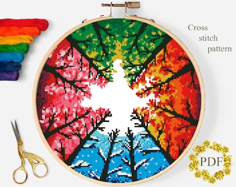 Seasons Tree Modern Cross Stitch Pattern PDF, Landscape Counted Cross Stitch Chart, Nature, Winter, Autumn, Hoop Embroidery Digital Download