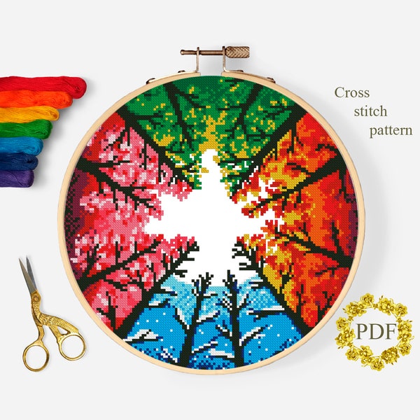 Seasons Tree Modern Cross Stitch Pattern PDF, Landscape Counted Cross Stitch Chart, Nature, Winter, Autumn, Hoop Embroidery Digital Download