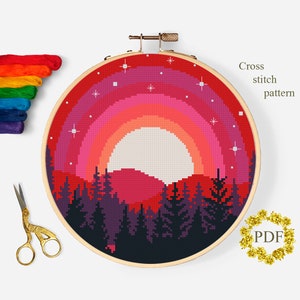 Landscape Modern Cross Stitch Pattern PDF, Mountains Counted Cross Stitch Chart, Nature, Moon, Stars, Forest, Embroidery, Digital Download