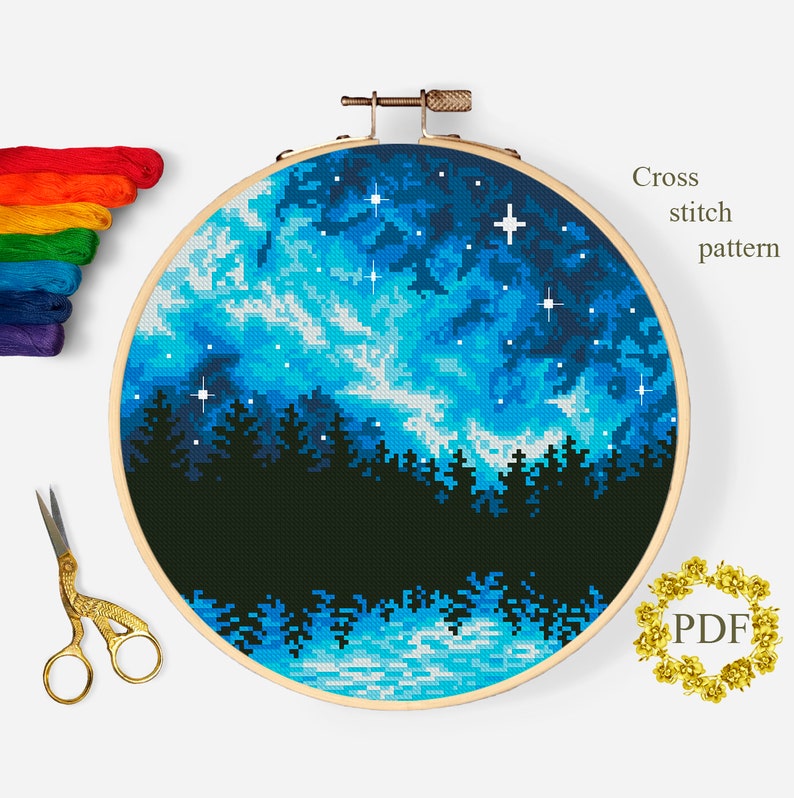 Starry Night Sky Modern Cross Stitch Pattern PDF, Landscape Counted ...