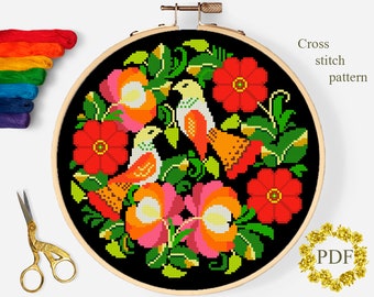 Flower Modern Cross Stitch Pattern PDF, Floral Folk Counted Cross Stitch Chart, Bird, Nature, Ukraine Designer, Embroidery, Digital Download