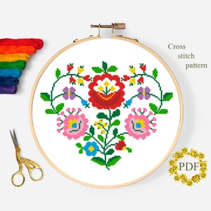 Padrão de ponto cruz moderno floral de coração PDF, gráfico de ponto cruz contado de flores, amor, dia dos namorados, bordado natural, download digital