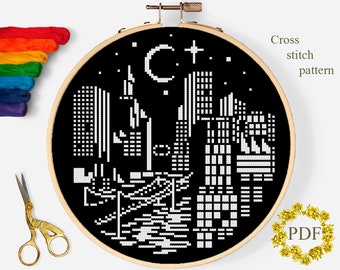 Nacht Stadt moderne Kreuzstichvorlage PDF, Landschaft Kreuzstichvorlage, Fluss, Sternenhimmel, Mond, Stickrahmen, digitaler Download