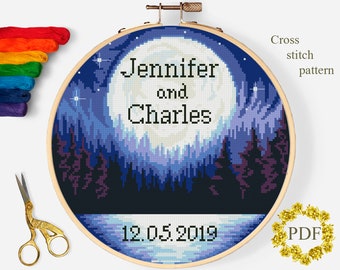 Wedding Modern Cross Stitch Pattern PDF, Anniversary Marriage Counted Cross Stitch Chart, Nature Landscape, Hoop Embroidery Digital Download