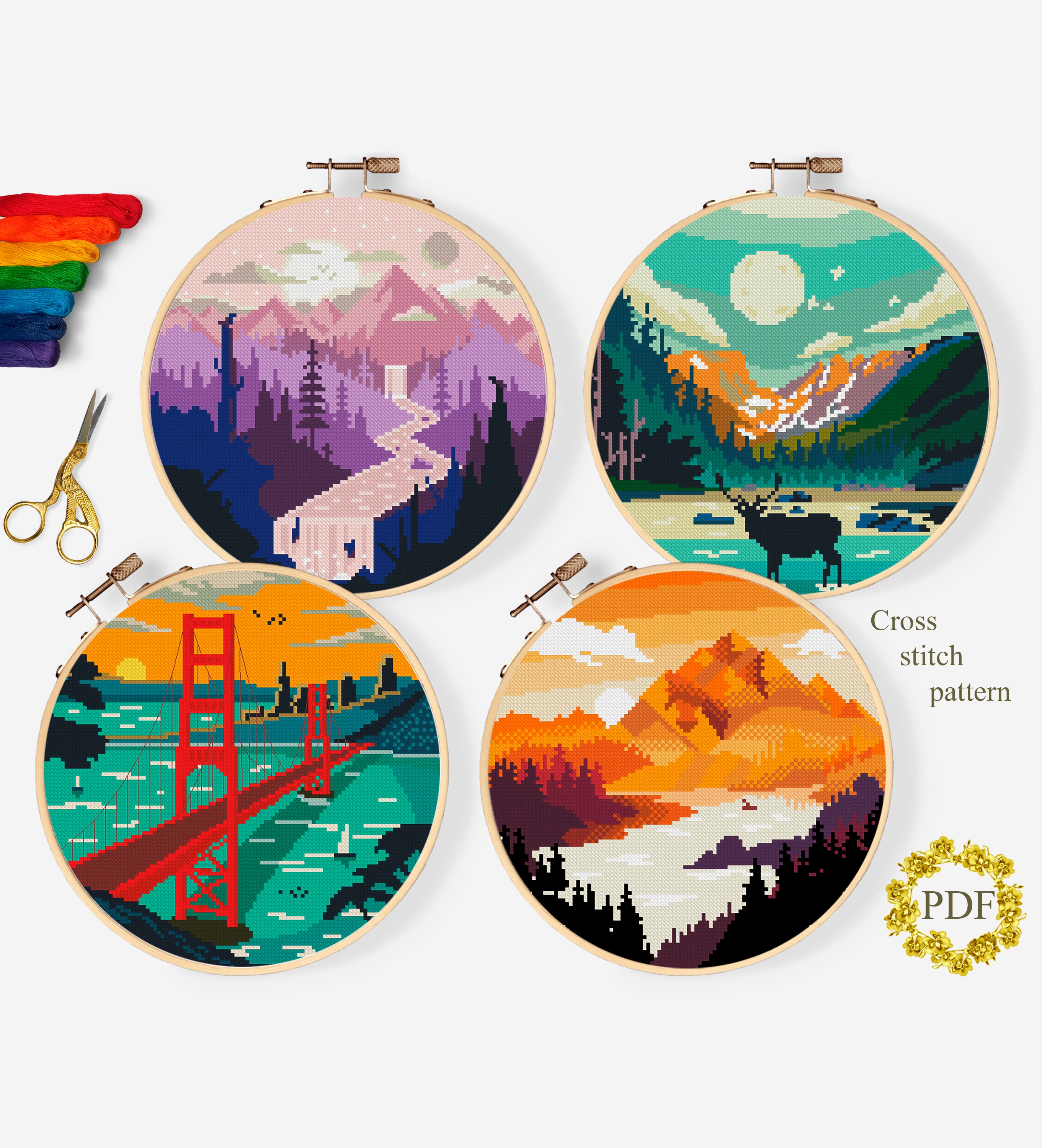 Set Mountain Landscape Modern Cross Stitch Pattern PDF, Nature Counted ...