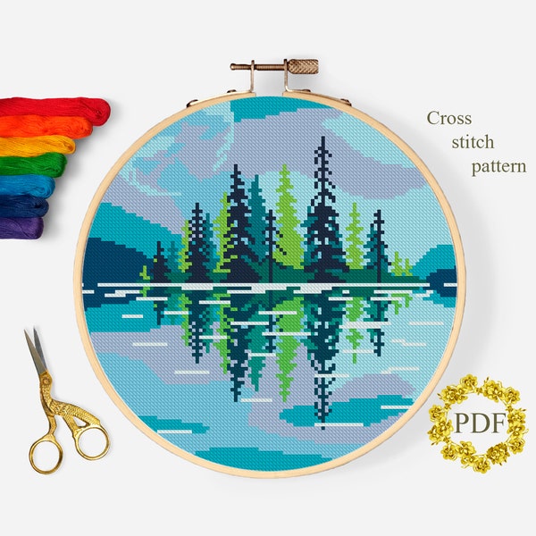 Landscape Modern Cross Stitch Pattern PDF, River Counted Cross Stitch Chart, Nature, Trees Reflection, Island, Embroidery, Digital Download