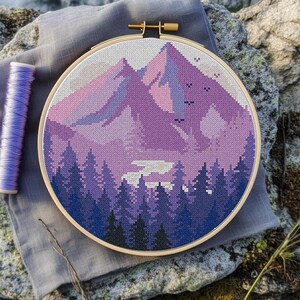 Mountains Modern Cross Stitch Pattern PDF, Lavender Landscape Counted Cross Stitch Chart, Nature, Forest, Hoop Embroidery, Digital Download image 10