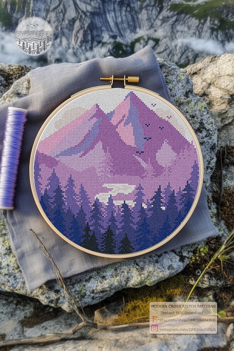 Mountains Modern Cross Stitch Pattern PDF, Lavender Landscape Counted Cross Stitch Chart, Nature, Forest, Hoop Embroidery, Digital Download image 10