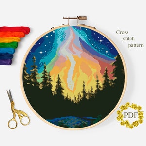 Landscape Modern Cross Stitch Pattern PDF, Northern Lights Counted Cross Stitch Chart, Nature, Stars, Forest, Embroidery, Digital Download