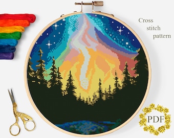 Landscape Modern Cross Stitch Pattern PDF, Northern Lights Counted Cross Stitch Chart, Nature, Stars, Forest, Embroidery, Digital Download