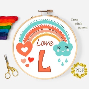 Letra L Modern Cross Stitch Pattern PDF, Monograma Baby Counted Cross Stitch Chart, Boho Rainbow, Crianças, Amor, Bordado, Download Digital