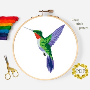 Hummingbird Modern Cross Stitch Pattern PDF, Bird Watercolor Counted Cross Stitch Chart, Nature, Animal, Hoop Embroidery, Digital Download