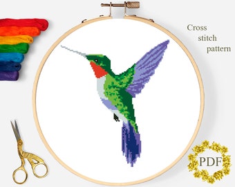 Hummingbird Modern Cross Stitch Pattern PDF, Bird Watercolor Counted Cross Stitch Chart, Nature, Animal, Hoop Embroidery, Digital Download