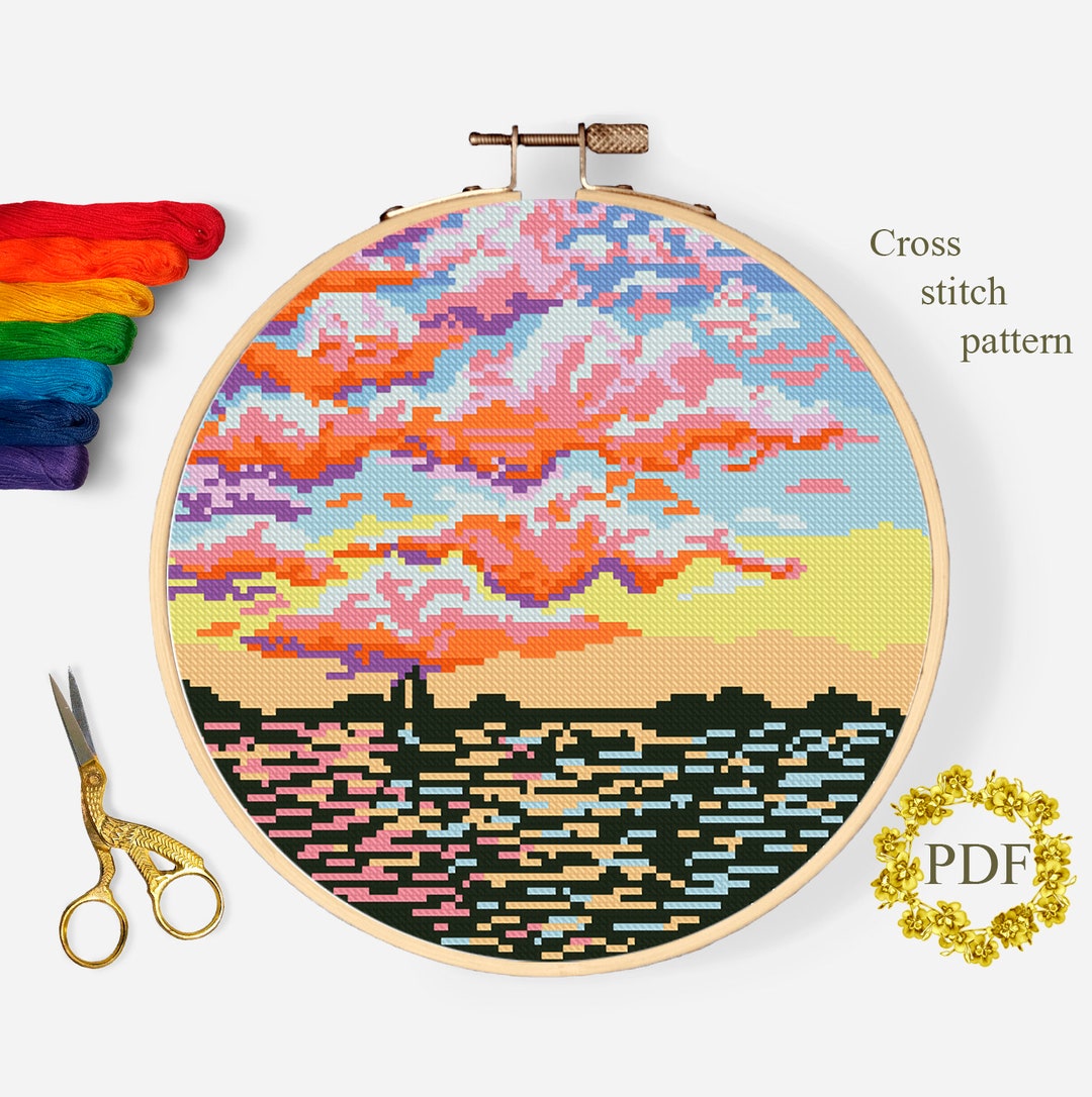 Sea Landscape Modern Cross Stitch Pattern PDF, Sunset Counted Cross ...