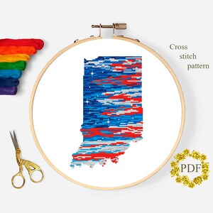Indiana State Karte Modernes Kreuzstichmuster PDF, Amerikanische Flagge Kreuzstichvorlage, Sterne, Vaterländische Stickerei, digitaler Download