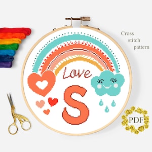 Letra S Modern Cross Stitch Pattern PDF, Monograma Baby Counted Cross Stitch Chart, Boho Rainbow, Crianças, Amor, Bordado, Download Digital