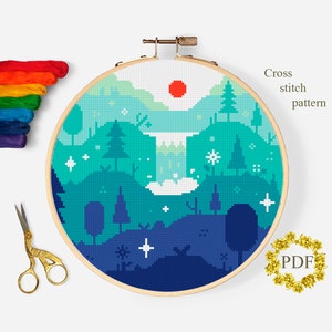 Landscape Modern Cross Stitch Pattern PDF, Waterfall Counted Cross Stitch Chart, Nature, Winter, Forest, River, Embroidery, Digital Download