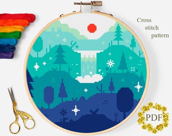 Landscape Modern Cross Stitch Pattern PDF, Waterfall Counted Cross Stitch Chart, Nature, Winter, Forest, River, Embroidery, Digital Download