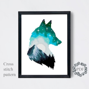 Wolf Silhouette Kreuzstichvorlage, Berglandschaft Kreuzstichvorlage, Zählvorlage, Tier, Natur, Mond, Stickerei, Download PDF