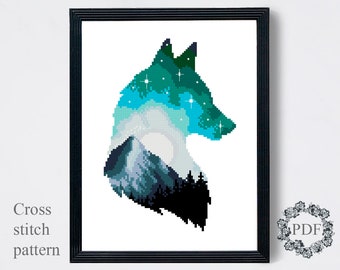 Wolf Silhouette Modern Cross Stitch Pattern, Mountain Landscape Counted Cross Stitch Chart, Animal, Nature, Moon, Embroidery, Download PDF