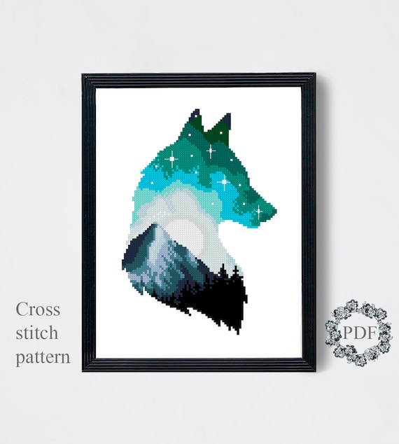 Wolf Silhouette Modern Cross Stitch Pattern, Mountain Landscape Counted Cross Stitch Chart, Animal, Nature, Moon, Embroidery, Download PDF