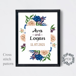 ウェディングリースモダンクロスステッチパターンPDF、記念日結婚カウントクロスステッチチャート、花、花の刺繍、デジタルダウンロード