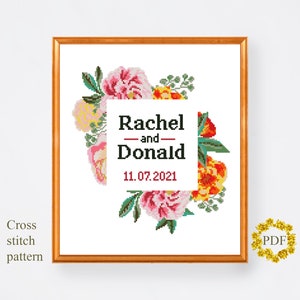 ウェディングリースモダンクロスステッチパターンPDF、記念日結婚カウントクロスステッチチャート、花、花の刺繍、デジタルダウンロード