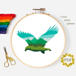 Adler Silhouette Modernes Kreuzstichmuster PDF, Berglandschaft Kreuzstichvorlage, Natur, Vogel, Stickerei, digitaler Download