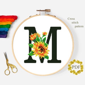 Letra M Modern Cross Stitch Pattern PDF, Monograma Floral Contado Cross Stitch Chart, Flor Girassol, Bordado Ucrânia, Download Digital