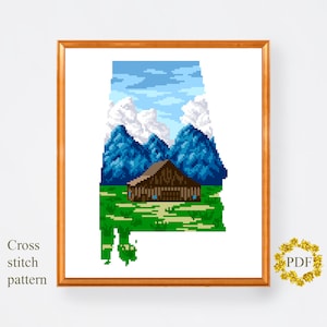 Alabama State Map Modern Cross Stitch Pattern PDF, Paysage USA Compté Cross Stitch Chart, Mountains, Nature, Broderie, Téléchargement numérique