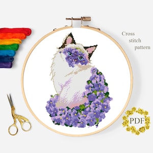 Cat Floral Modern Cross Stitch Pattern PDF, Animal Watercolor Counted Cross Stitch Chart, Flowers, Nature, Hoop Embroidery, Digital Download