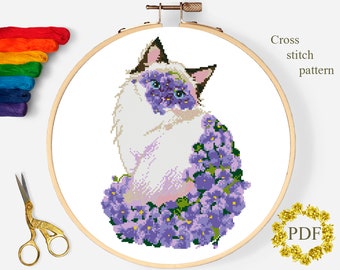 Cat Floral Modern Cross Stitch Pattern PDF, Animal Watercolor Counted Cross Stitch Chart, Flowers, Nature, Hoop Embroidery, Digital Download