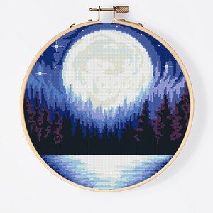 Landscape Modern Cross Stitch Pattern PDF, Moon Counted Cross Stitch Chart, Nature, Stars, Forest, River, Hoop Embroidery, Digital Download image 4