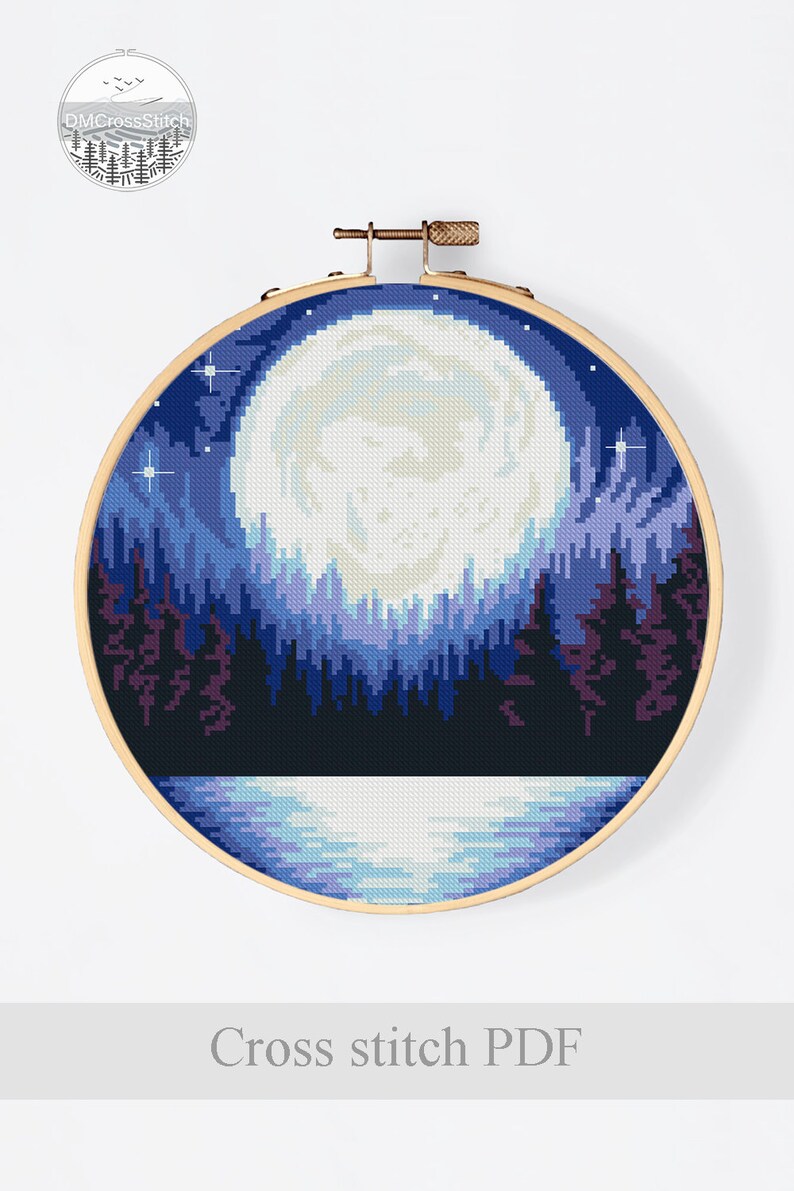 Landscape Modern Cross Stitch Pattern PDF, Moon Counted Cross Stitch Chart, Nature, Stars, Forest, River, Hoop Embroidery, Digital Download image 4