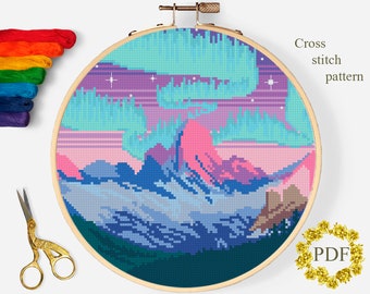Northern Lights Modern Cross Stitch Pattern PDF, Landscape Counted Cross Stitch Chart, Mountains, Nature, Hoop Embroidery, Digital Download