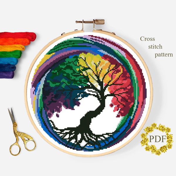 Tree of Life Modern Cross Stitch Pattern PDF, Seasons Counted Cross Stitch Chart, Watercolor Nature, Hoop Art Embroidery, Digital Download