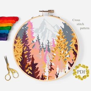 Autumn Landscape Modern Cross Stitch Pattern PDF, Mountains Counted Cross Stitch Chart, Nature, Forest, Trees, Embroidery, Digital Download