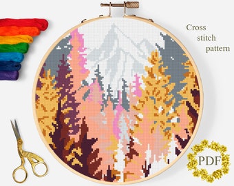 Autumn Landscape Modern Cross Stitch Pattern PDF, Mountains Counted Cross Stitch Chart, Nature, Forest, Trees, Embroidery, Digital Download