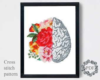 Human Brain Modern Cross Stitch Pattern PDF, Anatomy Counted Cross Stitch Chart, Medical, Flowers Roses, Floral Embroidery, Digital Download