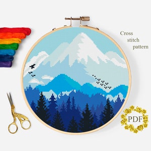 Berglandschaft moderne Kreuzstichvorlage PDF, Winter gezählt Kreuzstichvorlage, Natur, Wald, Hoop Art Embroidery, digitaler Download