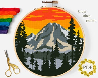 Landscape Modern Cross Stitch Pattern PDF, Mountains Counted Cross Stitch Chart, Nature, Forest, River, Hoop Embroidery, Digital Download