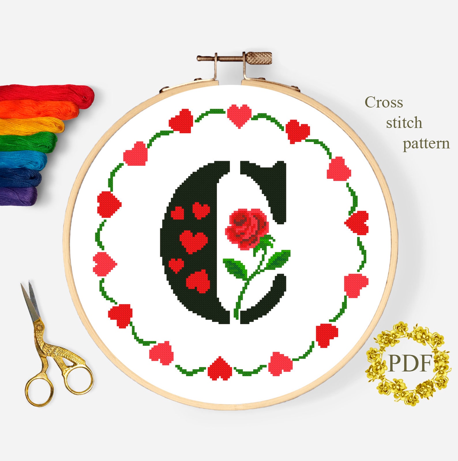 Floral monogram c cross stitch pattern pdf letter cross