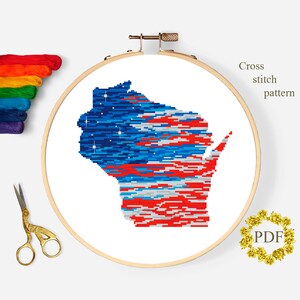 Wisconsin State Map Modernes Kreuzstichmuster PDF, Kreuzstichdiagramm mit amerikanischer Flagge, Sterne, patriotische Stickerei, digitaler Download