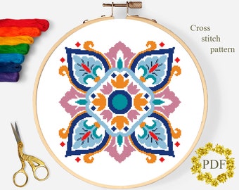 Folk Art Modern Cross Stitch Pattern PDF, Flowers Counted Cross Stitch Chart, Floral Embroidery, Nature, Hoop, Home Decor, Digital Download